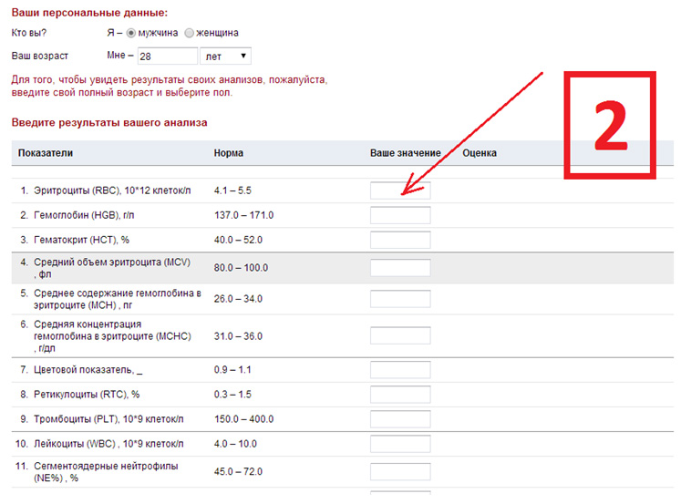 вторая страничка онлайн расшифровки анализа крови