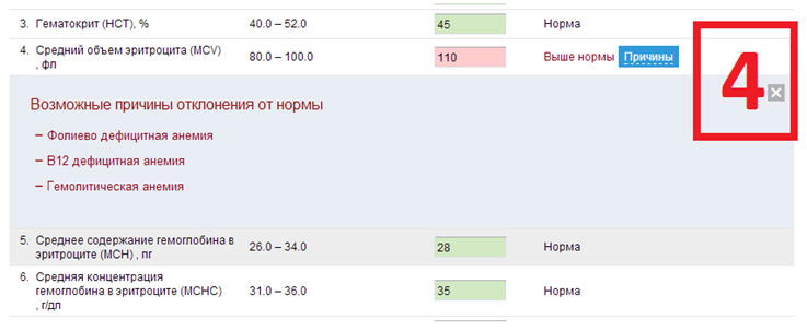 четвертая страничка онлайн расшифровки анализа крови