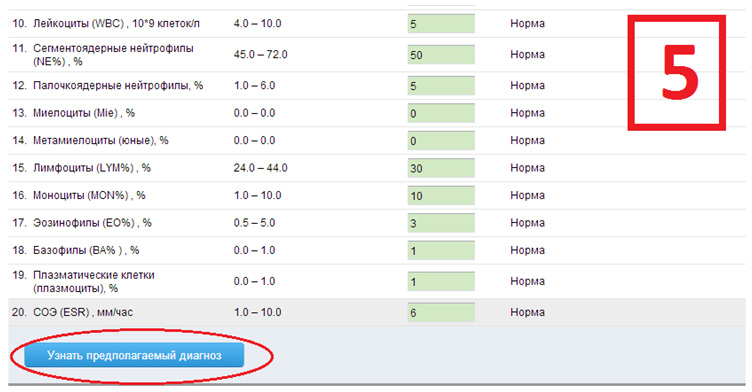 пятая страничка онлайн расшифровки анализа крови